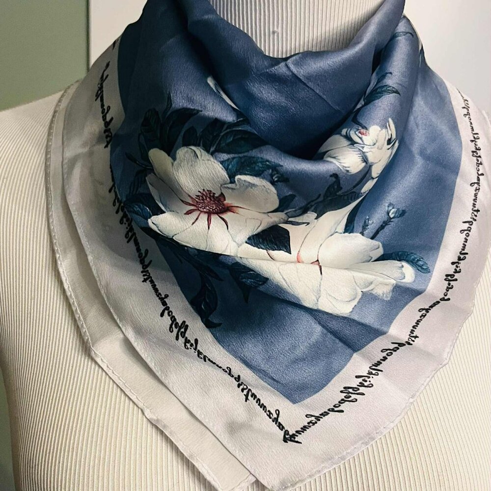 Vintage 1980s 100% Silk Floral Square Scarf 53×53, Blue & White Elegance